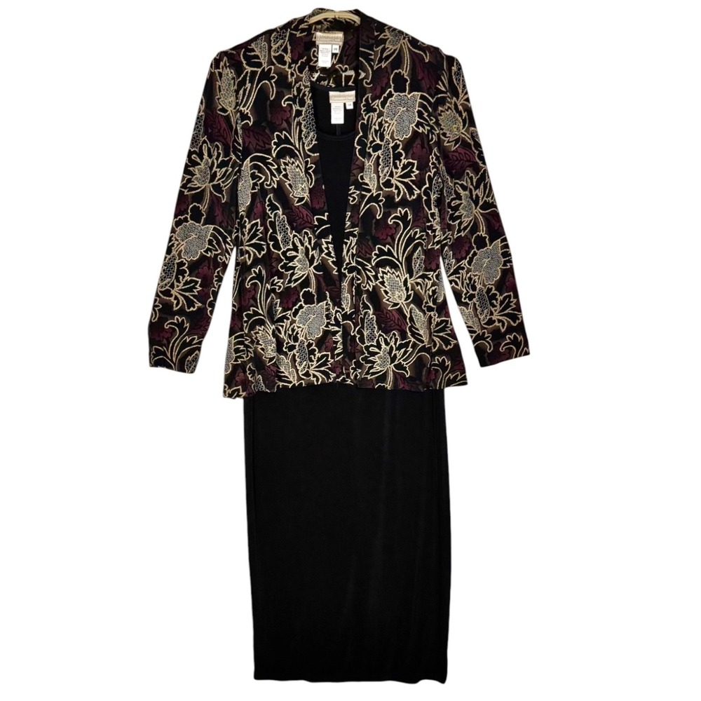Y2K Coldwater Creek‎ Floral Jacket Maxi Dress Set Size 14 Slinky Knit Black Gold